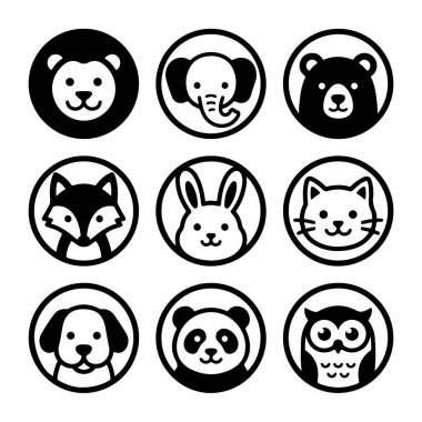 Dokuz basit, cesur, siyah ve beyaz hayvan yüzü ikonundan oluşan bir koleksiyon. Aslan, fil, ayı ve panda da dahil olmak üzere her hayvan bir daire içine alınmıştır. Bu grafik seti logolar, web simgeleri veya çocuk tasarımları için mükemmeldir..
