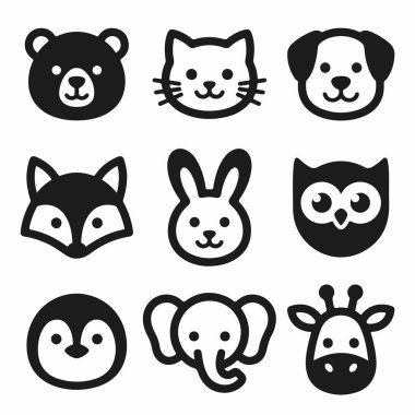 A collection of nine cute and simple animal head icons. Includes bear, cat, dog, fox, rabbit, owl, penguin, elephant, and giraffe. Flat black and white vector illustration set.