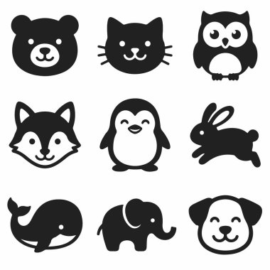 A collection of nine adorable animal icons in a simple black and white style. Features a bear, cat, owl, fox, penguin, rabbit, whale, elephant, and dog. Perfect for logos or web design.