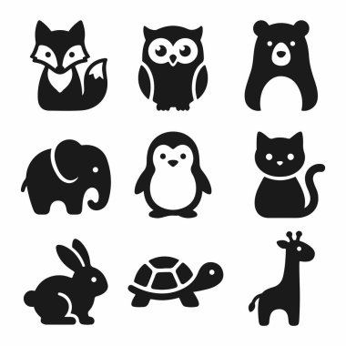 Dokuz basit siyah hayvan ikonundan oluşan bir koleksiyon. Bir tilki, baykuş, ayı, fil, penguen, kedi, tavşan, kaplumbağa ve zürafa dahil. Logolar veya tasarım ögeleri için düz vektör çizim biçimi.