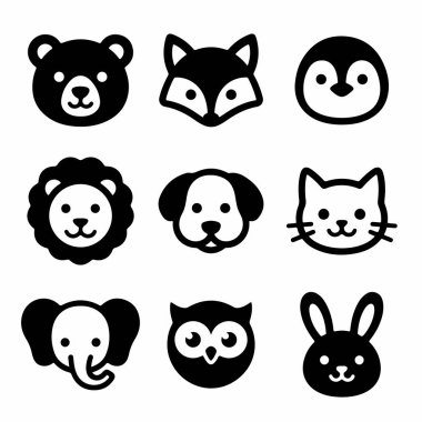 A collection of nine cute and simple animal face icons. Includes bear, fox, penguin, lion, dog, cat, elephant, owl, and rabbit. Isolated black vector graphics on a white background.
