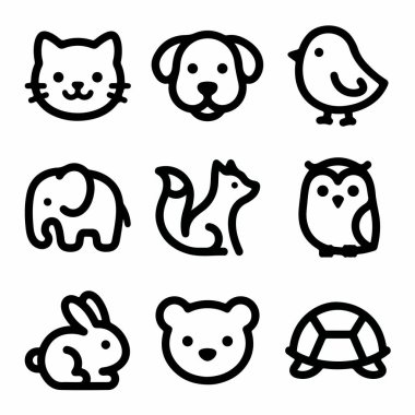 A collection of nine simple and adorable animal icons in a minimalist black outline style. Includes various pets and wildlife for design projects.
