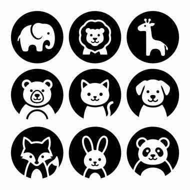 Dokuz basit siyah beyaz hayvan ikonundan oluşan bir koleksiyon. Her ikon siyah bir çemberin içindeki aslan, ayı, kedi ya da köpek gibi sevimli bir hayvana sahiptir. Avatarlar ve logolar için mükemmel.