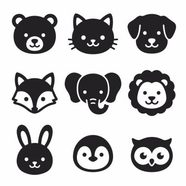 A collection of nine adorable animal head icons. This set includes a bear, cat, dog, fox, elephant, lion, rabbit, penguin, and owl in a simple flat black and white design.