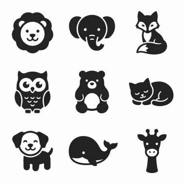 A collection of nine simple black and white glyph icons featuring adorable cartoon animals. Includes a lion, elephant, fox, owl, bear, cat, dog, whale, and giraffe isolated on a white background.