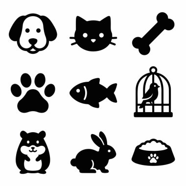 Bir köpek, kedi, kemik, pençe izi, balık, kuş kafesi, hamster, tavşan ve yemek kasesi gibi çeşitli hayvan ve ilgili öğeleri temsil eden dokuz düz siyah beyaz ikondan oluşan bir koleksiyon..