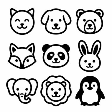 A collection of nine cute and simple animal face icons. Includes cat, dog, bear, fox, panda, rabbit, elephant, lion, and penguin. Isolated on a white background. Perfect for logos or web design.