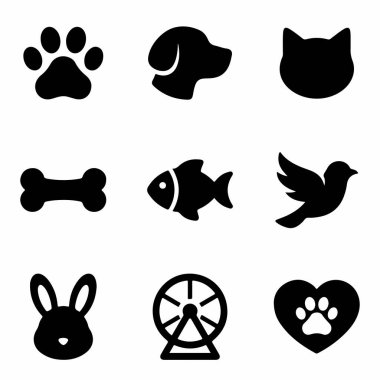 Beyaz arka planda dokuz basit siyah evcil hayvan simgesi. Pençe izi, köpek, kedi, kemik, balık, kuş, tavşan, hamster tekerleği ve pençeli bir kalp. Vektör grafik ögeleri.