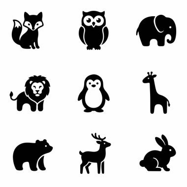 Çeşitli vahşi hayvanların yer aldığı basit düz vektör simgeleri. Bir tilki, baykuş, fil, aslan, penguen, zürafa, ayı, geyik ve tavşan içerir. Tasarım için izole grafik ögeleri.