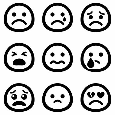 Çeşitli negatif duyguları gösteren dokuz basit siyah ve beyaz vektör ikonu. Beyaz bir arka planda üzgün, ağlayan, kızgın, kafası karışmış ve kalbi kırık ifadeleri içerir..