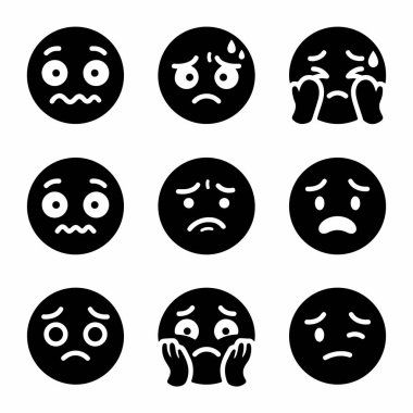 Üzüntü, endişe, stres, korku ve umutsuzluk gibi olumsuz duyguları gösteren dokuz tane simge. Kullanıcı arayüzü tasarımı için basit semboller.