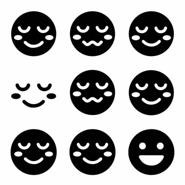 Dokuz basit, saf siyah ve özet sembolden oluşan bir koleksiyon. Bu yüz ifadeleri, beyaz bir arkaplanda çeşitli mutlu, gülümseyen ve içerik ifadeleri gösteriyor..
