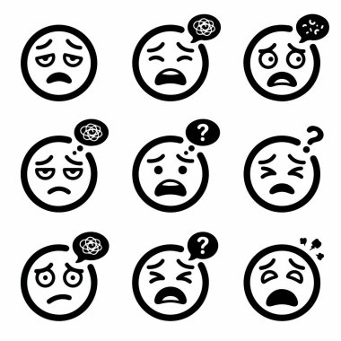 Çeşitli olumsuz duyguları gösteren siyah beyaz çizgi sanat simgelerinden oluşan bir koleksiyon. İfadeler üzüntü, soru işaretleriyle kafa karışıklığı ve karalanmış düşünce baloncuklarıyla kaygı ya da hüsranı gösterir..