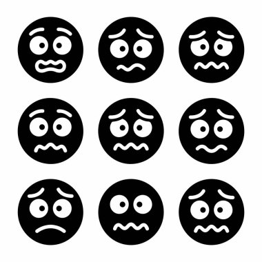 Endişe, endişe, korku ve gerginlik ifadeleri farklı olan dokuz siyah dairesel ifade koleksiyonu. Beyaz arkaplan üzerinde izole edilmiş basit katı kabartma simgesi.