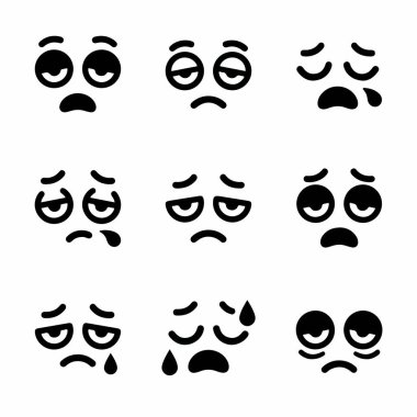 Üzücü, ağlayan, yorgun ve hayal kırıklığına uğramış yüz ifadelerini gösteren dokuz basit siyah beyaz çizgi sanat simgesinden oluşan bir koleksiyon. Tasarım için izole vektör simgeleri.