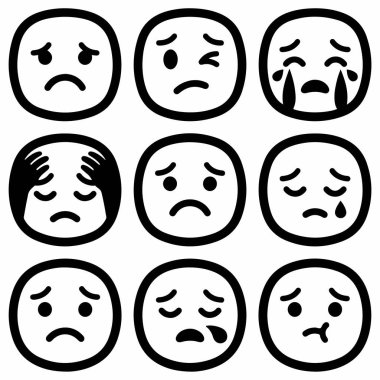 Hüzün, umutsuzluk, ağlama ve mutsuzluğu ifade eden dokuz el çizilmiş karalama tarzı simgeler. Beyaz arkaplanda basit siyah ve beyaz vektör simgeleri.