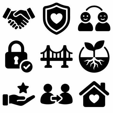 Ortaklık, koruma, bağlantı, güvenlik, büyüme ve toplum gibi temel değerleri temsil eden siyah simgelerin toplanması. İş ve sosyal projeler için kullanışlı.