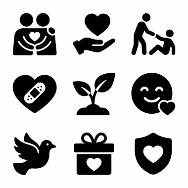 Sevgi, yardım, şifa, büyüme, barış ve hayırseverlik gibi kavramları temsil eden dokuz katı siyah ikondan oluşan bir koleksiyon. Kalpler, eller ve insanlar gibi semboller içerir.