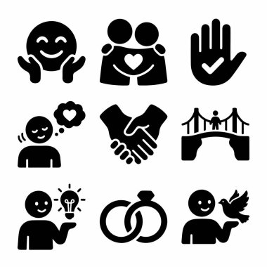 Sevgiyi, evliliği, anlaşmayı, barışı ve fikirleri sembolize eden dokuz siyah katı ikonun bir derlemesi. El sıkışma, alyans ve sarılma figürlerini içerir..