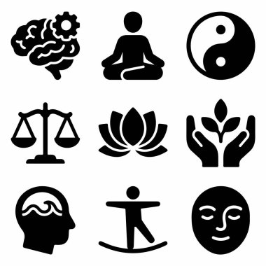 Meditasyon, yoga, yin yang, denge, psikoloji ve ruhsal gelişim gibi kavramları temsil eden basit sembollerin toplanması. Beyaz bir arkaplanda izole edilmiş.