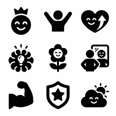 Ruh sağlığı ve kişisel gelişim temaları için güven, kendini sevme, güç, yaratıcılık ve mutluluk gibi kavramları temsil eden dokuz siyah ikondan oluşan bir set..