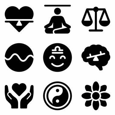 Denge, ahenk ve refah kavramlarını temsil eden dokuz katı siyah simgenin toplanması. Yin yang, terazi, meditasyon ve dengeli kalp gibi semboller içerir..