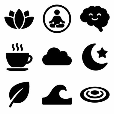 Farkındalık, meditasyon, rahatlama ve doğa kavramlarını temsil eden dokuz siyah katı ikondan oluşan bir derleme. Nilüfer, yoga, beyin, kahve, bulut, ay, yaprak, dalga ve su dalgalarını içerir.