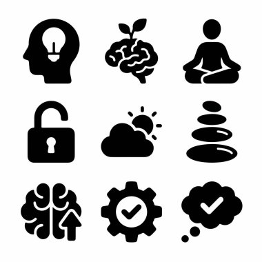 Akıl sağlığı, farkındalık ve kişisel gelişimle ilgili dokuz sağlam siyah ikondan oluşan bir derleme. Fikirler, büyüme, meditasyon, denge ve pozitif düşünme sembolleri içerir.