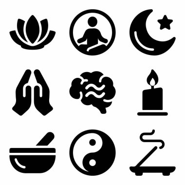 Nilüfer çiçeği, meditasyon yapan insan, yin yang, dua eden eller, beyin, mum, tütsü ve ruhani ve sağlıklı kavramlar için havan ve tokmak içeren dokuz simge..