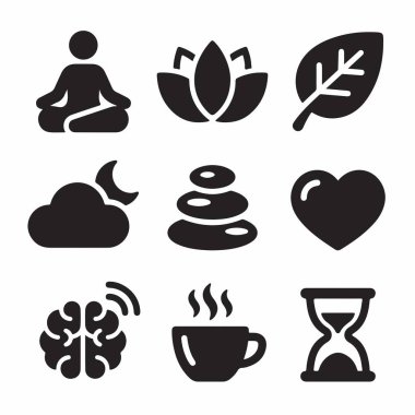 Meditasyon, zen, denge, doğa, uyku ve akıl sağlığı gibi kavramları temsil eden dokuz siyah katı ikondan oluşan bir derleme. Nilüfer, kalp ve beyin sembolleri içerir.