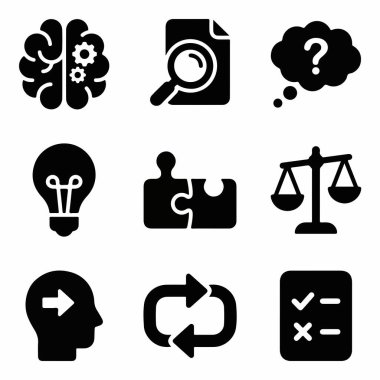 Analiz, fikir, karar verme ve bilişsel süreçler gibi kavramları temsil eden dokuz katı siyah simgenin bir derlemesi. Beyin, bulmaca ve ölçek sembolleri içerir.