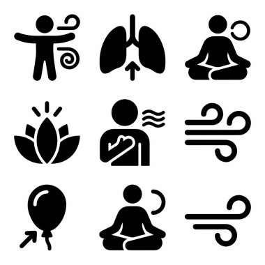 Derin nefes alma, yoga, meditasyon, akciğerler, hava akışı ve refah ve farkındalık için rahatlama gibi kavramları temsil eden siyah simgelerden oluşan basit bir koleksiyon..