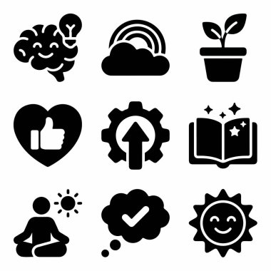 Zihinsel sağlığı ve özbakım kavramlarını temsil eden siyah simgelerden oluşan bir derleme. Farkındalık, büyüme, olumlu düşünme, öğrenme ve mutluluk gibi..