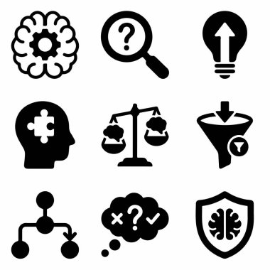 Eleştirel düşünme, analiz, beyin fırtınası, problem çözme, karar verme ve beyaz arkaplandaki yaratıcı fikirler kavramlarını temsil eden bir dizi siyah katı simge..
