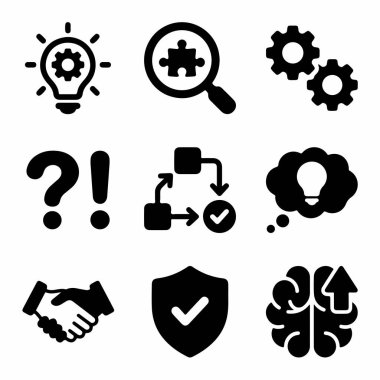 Yenilik, analiz, süreç, ortaklık, güvenlik ve iş ve proje yönetimi için beyin fırtınası gibi kavramları temsil eden dokuz siyah beyaz simge koleksiyonu.