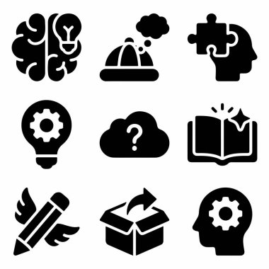 Zihinsel süreçleri ve yenilikleri temsil eden dokuz katı siyah simgeden oluşan bir set. Ampullü bir beyin, yapboz parçalı bir kafa ve kanatlı bir kalem..