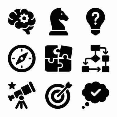 İş kavramları için sağlam bir simge paketi. Stratejik planlama, yaratıcı fikirler, yön ve beyaz arka planda hedeflere ulaşmak için semboller.