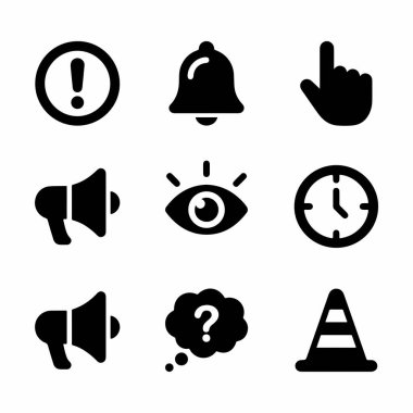 Uyarı, bildirim, uyarı, zaman, dikkat ve iletişim gibi kavramları temsil eden dokuz siyah katı simgeden oluşan çok yönlü bir küme, beyaz bir arkaplanda izole edilmiş..