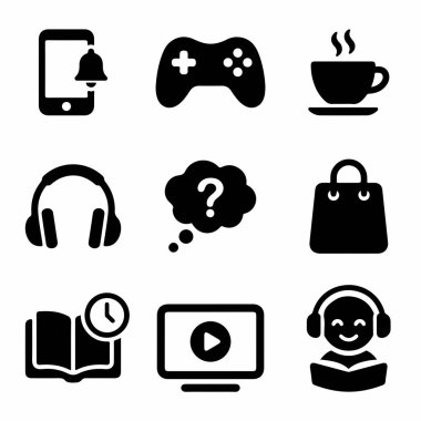 A collection of nine black solid icons representing modern digital activities like gaming, shopping, listening to audiobooks, watching videos, and mobile notifications on a white background.