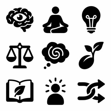 Zihinsel süreçler, kişisel gelişim, yaratıcılık ve denge ile ilgili dokuz basit simgenin bir derlemesi. Beyin, meditasyon ve fikirler için semboller içerir.