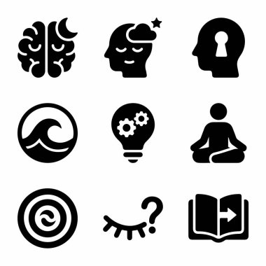 Meditasyon, beyin, fikirler, öğrenme ve zihinsel sağlık gibi kavramları temsil eden siyah simgelerden oluşan bir derleme. Web ve uygulama tasarımı için mükemmel.
