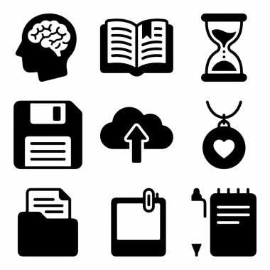 Düşünme, öğrenme, zaman, veri depolama, bulut yükleme ve ofis organizasyonu gibi kavramları temsil eden dokuz adet çok yönlü simge..