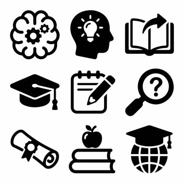 Eğitim, öğrenme ve bilgiyi temsil eden dokuz basit siyah ikondan oluşan bir vektör kümesi. Beyin, fikir, kitap, mezuniyet, araştırma ve diploma sembolleri içerir.
