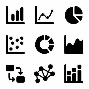 İş analitiği için çubuk, çizgi, pasta, saçılma grafiği ve ağ diyagramları gibi çeşitli veri grafiklerini temsil eden dokuz basit simge koleksiyonu..