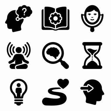 Farkındalık, öz-yansıma, problem çözme, öğrenme ve duygusal zeka gibi kavramları betimleyen beyaz bir zemin üzerinde dokuz basit siyah simge koleksiyonu..