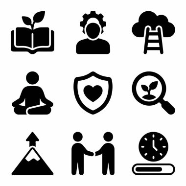 Kişisel büyüme, iş başarısı, farkındalık, takım çalışması ve web ve mobil tasarım için hedef başarı gibi kavramları temsil eden dokuz adet siyah sembol..