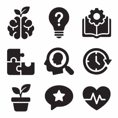 Kişisel gelişim, akıl sağlığı, problem çözme ve yaratıcı düşünme kavramlarını temsil eden siyah simgelerin bir derlemesi. Beyin, kalp, bulmaca ve fikir sembolleri içerir.