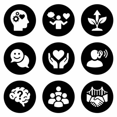Empati, iletişim, kişisel büyüme, takım çalışması ve iş ve refah için problem çözme gibi kavramları temsil eden dokuz basit ikondan oluşan bir koleksiyon..