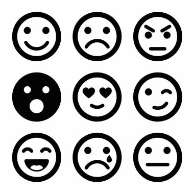 Mutluluk, üzüntü, kızgınlık, sevgi ve sürprizin de dahil olduğu bir dizi duyguyu temsil eden dokuz adet tek renkli ifade. Beyaz arkaplanda izole edilmiş vektör simgesi koleksiyonu.
