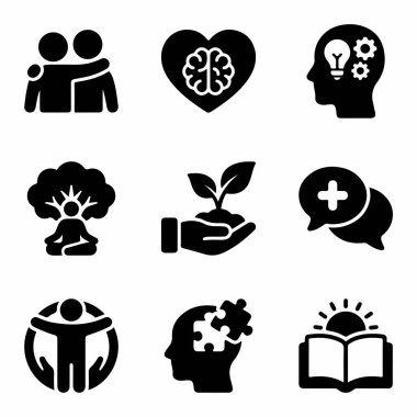 Ruh sağlığı, kişisel gelişim ve psikoloji kavramlarını temsil eden sağlam ikonların toplanması. Farkındalık, terapi, destek ve duygusal zeka sembolleri içerir.
